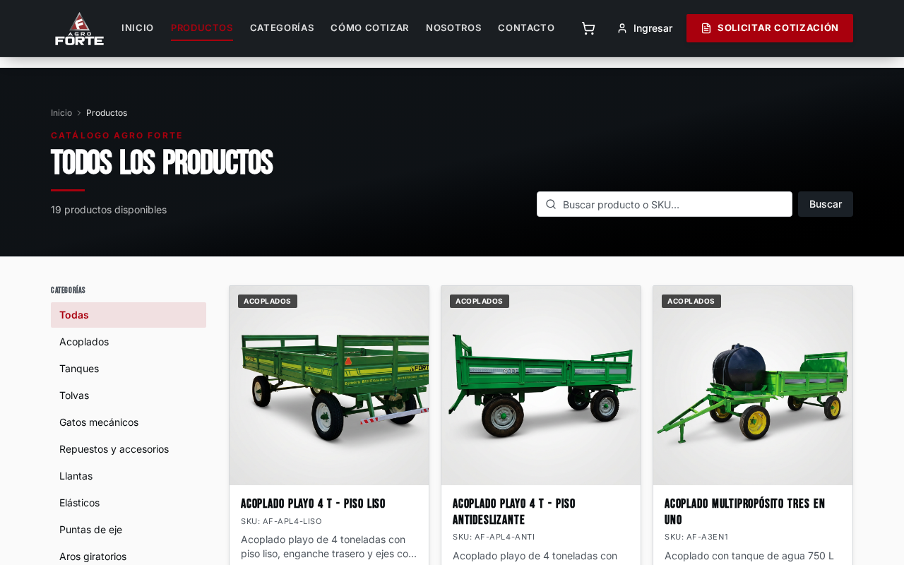 Vista del catálogo de productos de Agro Forte mostrando acoplados y tolvas disponibles.