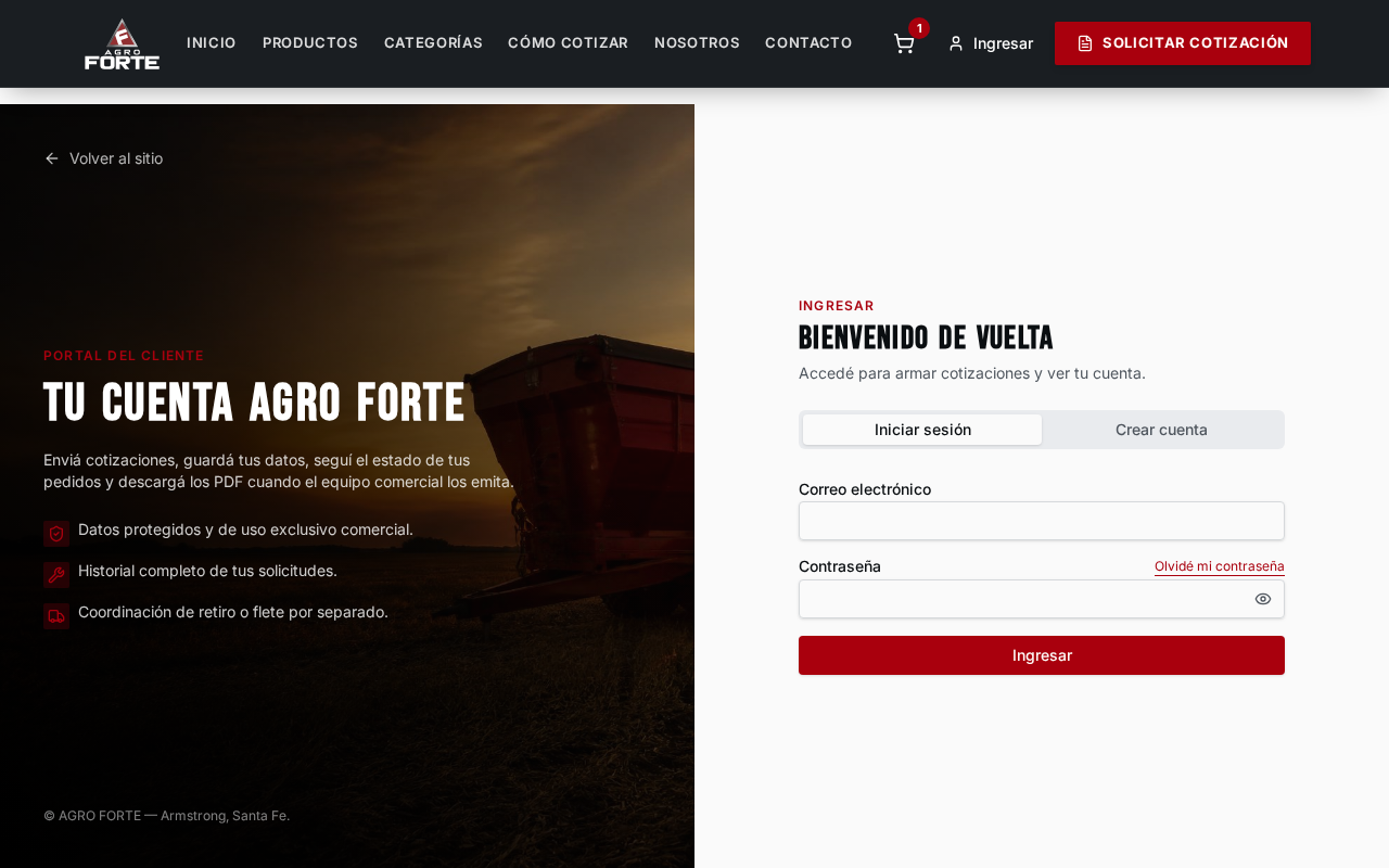 Pantalla de inicio de sesión y registro de Agro Forte para clientes.